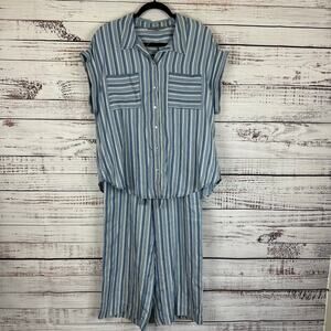 Women's EUC Sharagano Blue White Stripe Pull On Lyocell 2 PC Pants Top Set Sz M
